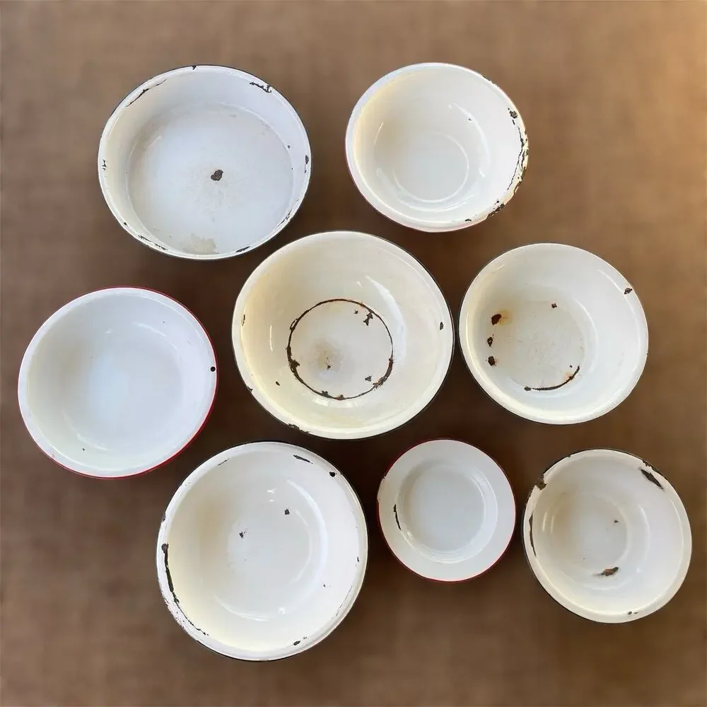 Vintage Enamel Bowl Lot Of 8 White Large Various Size Metal Serving Ware